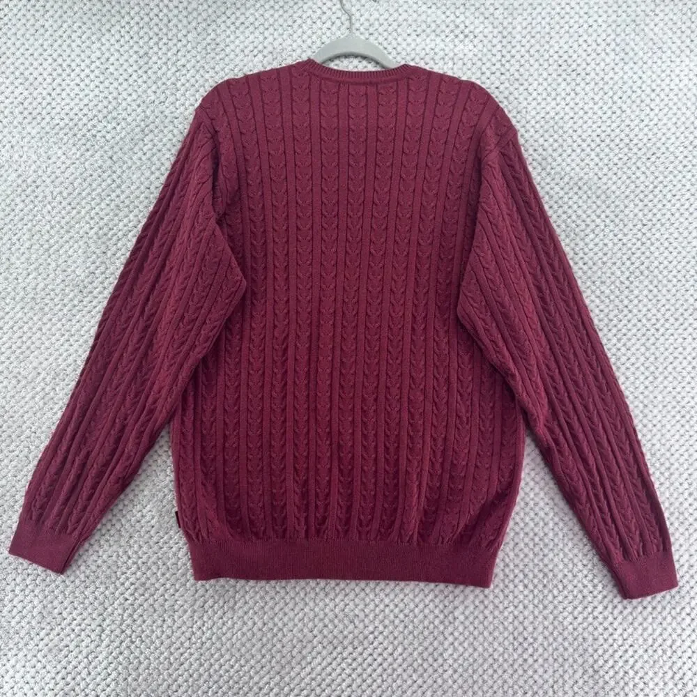 IZOD Sweater Mens L Burgundy Red Cotton Cable Knit Crew Neck Preppy Casual